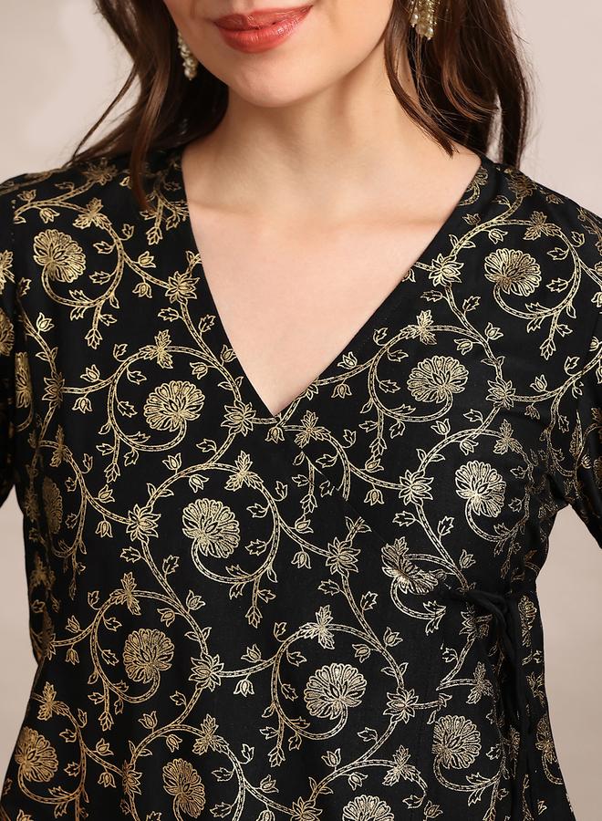 globus Women Black Gold Foil Floral Print Kurta with Pants Set - Image 3